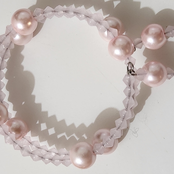 Hand Crafted Faux Pearl and Crystal Bracelet Pink Memory Wire Wrap Bead Charms - Picture 2 of 7